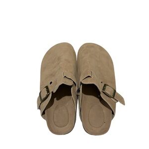 Khaki slip on mules